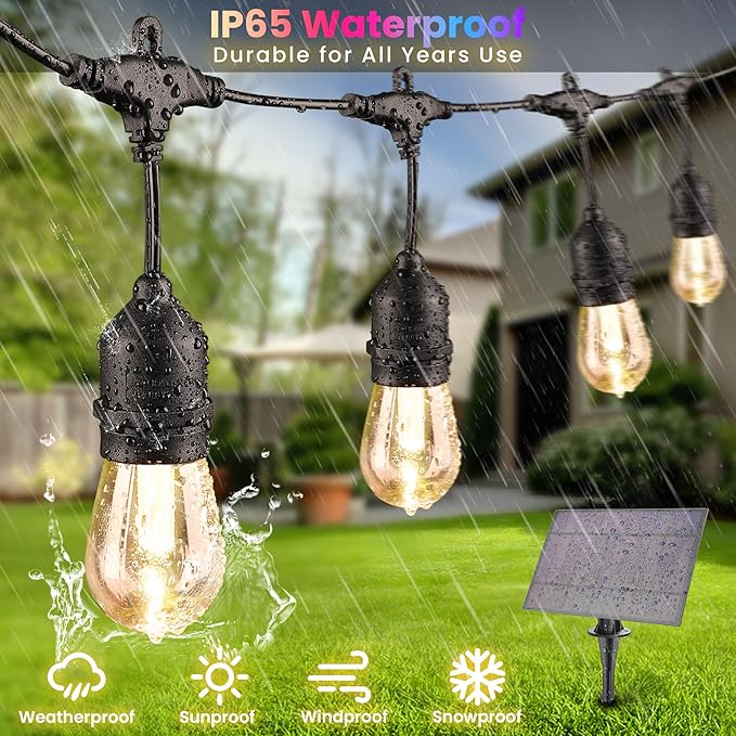 50FT RGB Solar Outdoor String Lights with Remote, Dimmable Waterproof Patio Lights with 15 LED Shatterproof Edison Bulbs for Backyard-Black