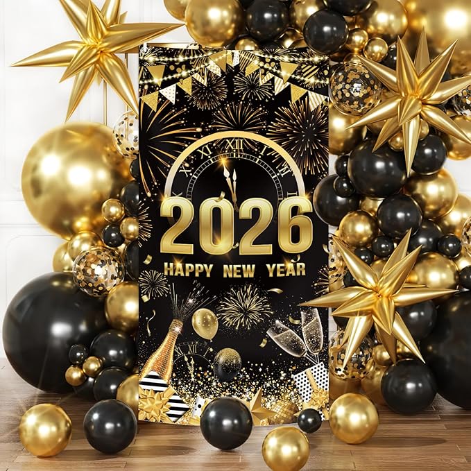 MEHOFOND 2026 Happy New Year Door Cover, Black and Gold New Year Front Door Party Decorations, Cheers to 2026 Hello 2026 Fireworks Champagne Balloon Decor Holiday Party Photo Booth Props