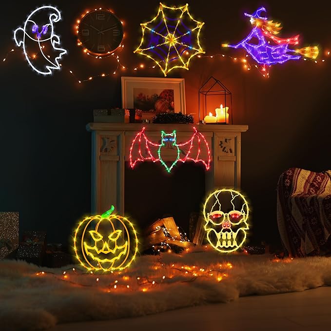 Halloween Window Lights - 16" Silhouette Lights - 4 Pack Colour Lighted Witch, Bat, Skull Head & Cat on Moon for Holiday Indoor and Outdoor Wall Door Decorate
