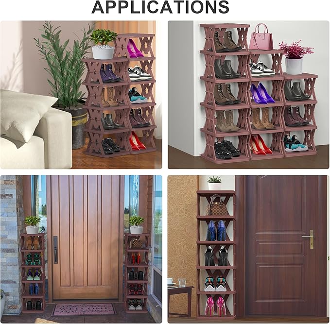 Small Shoe Rack, 6 Tier Foldable Shoe Organizer Without Assembly, Fake Wood-Pattern Match Floor Well, for Entryway, Front Door Entrance, Bedroom, Brown