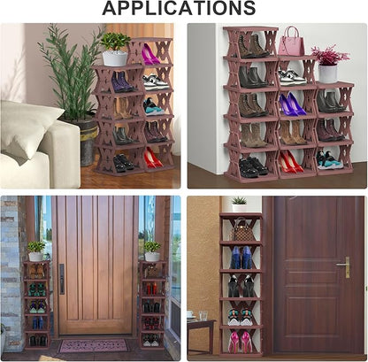 Small Shoe Rack, 6 Tier Foldable Shoe Organizer Without Assembly, Fake Wood-Pattern Match Floor Well, for Entryway, Front Door Entrance, Bedroom, Brown
