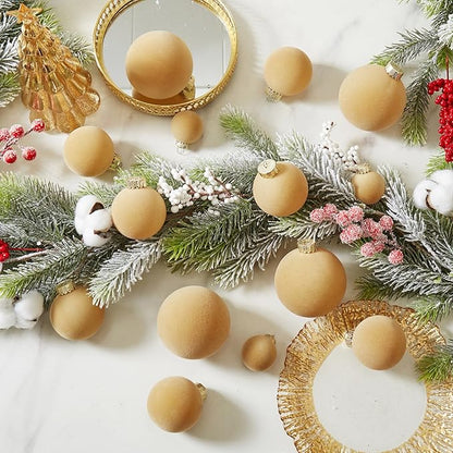 Velvet Christmas Ball Ornaments Set-46pcs Flocked Shatterproof Christmas Tree Decorations Plastic Xmas Decorative Hanging Ornaments for Xmas Holiday Home Decor,3 Sizes(Light Khaki)