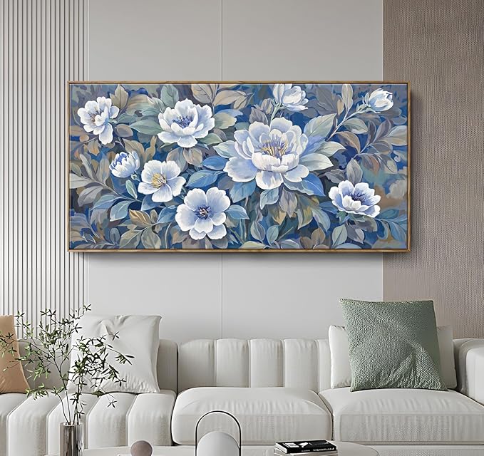 ARTZON Framed Extra Large Canvas Wall Art Blue Floral Peony Blossom Picture Botanical Flower Prints Oversized Horizontal Art work for Wall Decor Home Above Bed Dining Room Living Room Hallway 58"x29"
