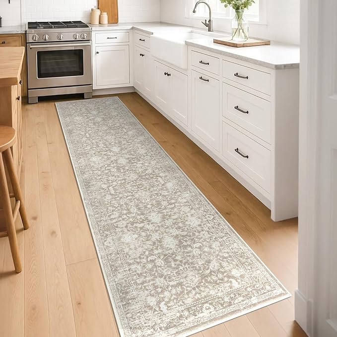 KILOCOCO Hallway Runner 2x8 Rug Runner Printed Vintage Floral Washable Kitchen Runners Non-Slip Rubber Backed Runners for Hallways Laundry Room Distressed Boho Rugs for Entryway Bedroom, Beige