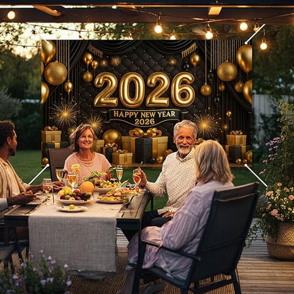 Happy New Year 2026 Backdrop Gold Black Balloons Fireworks Gift Boxes Sparkling Party Banner 71x43 Inches New Year Eve Decoration Indoor Outdoor Celebration Photography Background