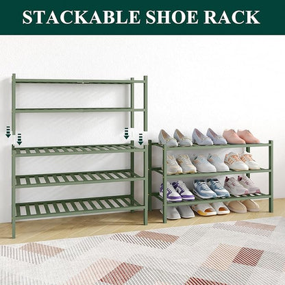 Smiry Bamboo Shoe Rack for Closet, 6 Tier Wooden Stackable Shoe Organizer, Free Standing Shoes Storage Shelf for Entryway, Front Door Entrance, Green