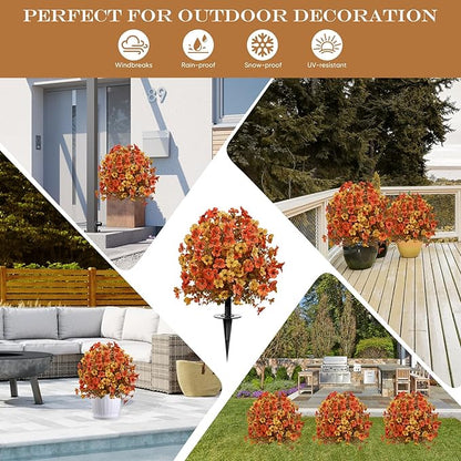 23" Set of 2 Orange Artificial Boxwood Topiary Flowers Ball with Spikes for Outdoor Fall Decorations, Faux Greenery Shrubs,Fake Bushes Plants for Garden, Yard, Front Porch（Orange）