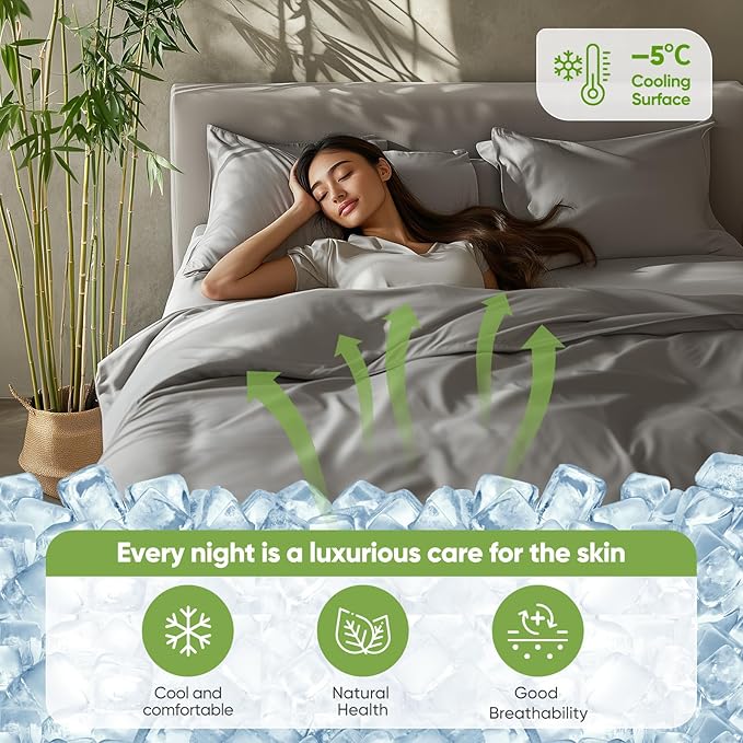 TWK Luxury Sheet Set, Genuine 100% Organic Viscose Derived from Bamboo, Cooling & Breathable, Silky Soft, Bedding Sheets & Pillowcases (Gray, Full)