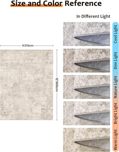 Art&Tuft Washable Rugs 9x12, Abstract Area Rugs 9x12 Living Room - Non Slip and Low Pile Soft Thin Rug for Bedroom, Dining Room, Kitchen, Office, Beige
