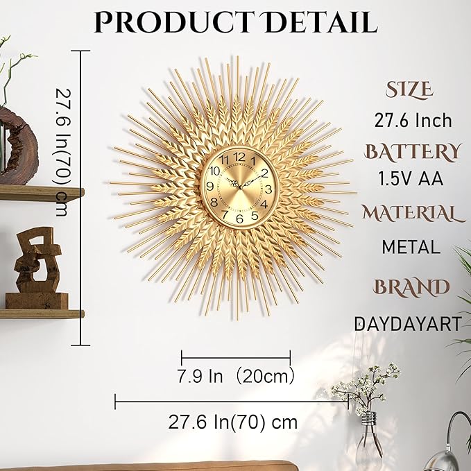 Large Mid Century Gold Wall Clock Decorative Modern Sunburst Wall Clocks, Metal Big Silent Non-Ticking Clock, Luxury Home Gift Decor for Living Room, Bedroom, Dining Room, 28 inch