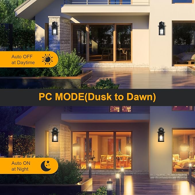 2 Pack Motion Sensor Outdoor Wall Lights, Dusk to Dawn Porch Lights with 3 Adjustable Lighting Modes, Waterproof Exterior Light Fixture Wall Mount, Black Outside Lights for House, Garage, ETL Listed