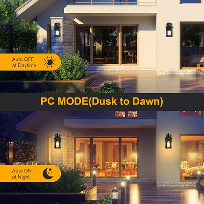 2 Pack Motion Sensor Outdoor Wall Lights, Dusk to Dawn Porch Lights with 3 Adjustable Lighting Modes, Waterproof Exterior Light Fixture Wall Mount, Black Outside Lights for House, Garage, ETL Listed