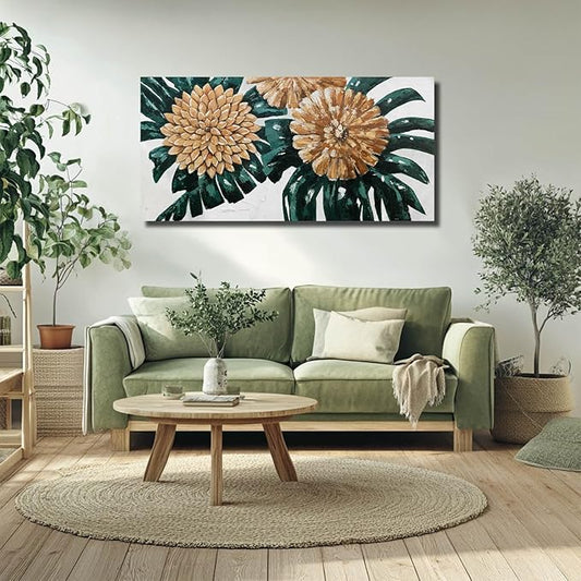 Botanical Canvas Art Gold Flowers Painting Dark Green Leaves Wall Art Photo Prints for Dining Room Office 24x48 Inch Rustic Home Decor