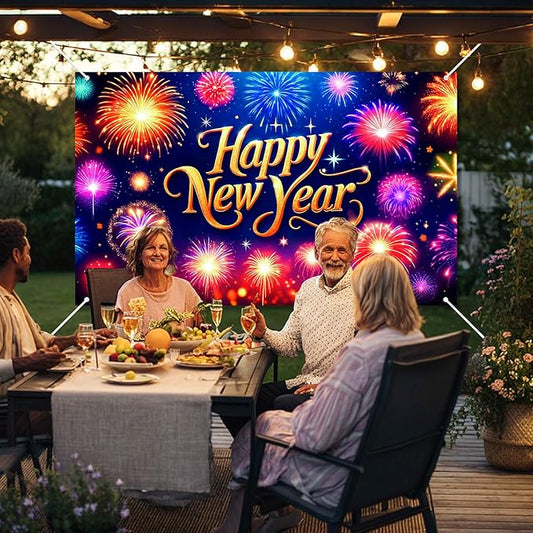 Happy New Year Banner 2026 71 x 43 Inch Fireworks Photo Backdrop Colorful New Year Eve Party Wall Decoration Banner for Indoor Outdoor Celebration Home Event Decor