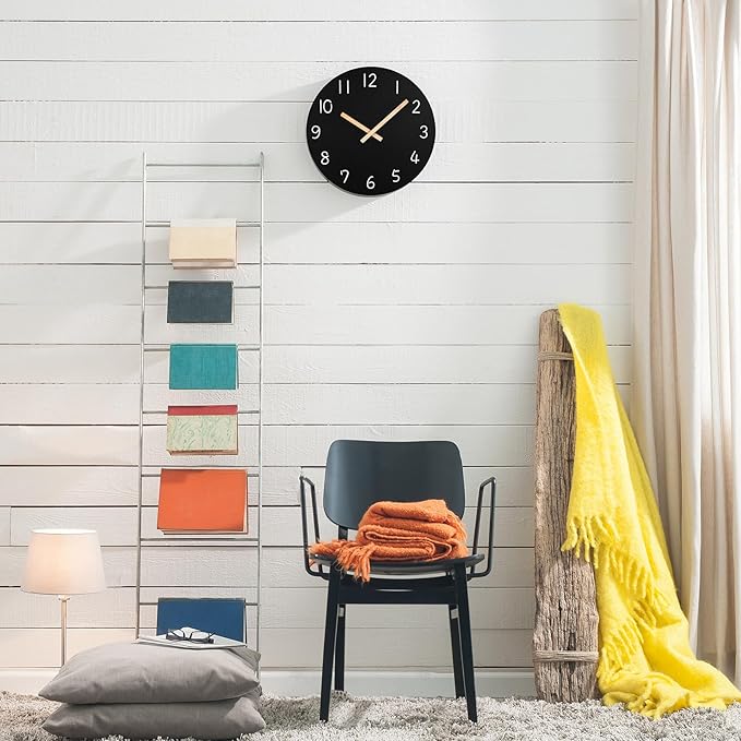Plumeet 10'' Wooden Wall Clock Small Frameless Clocks with Silent Quartz Movement - Modern Style Village Wall Clocks Decorative Home Kitchen - Battery Operated (Black)