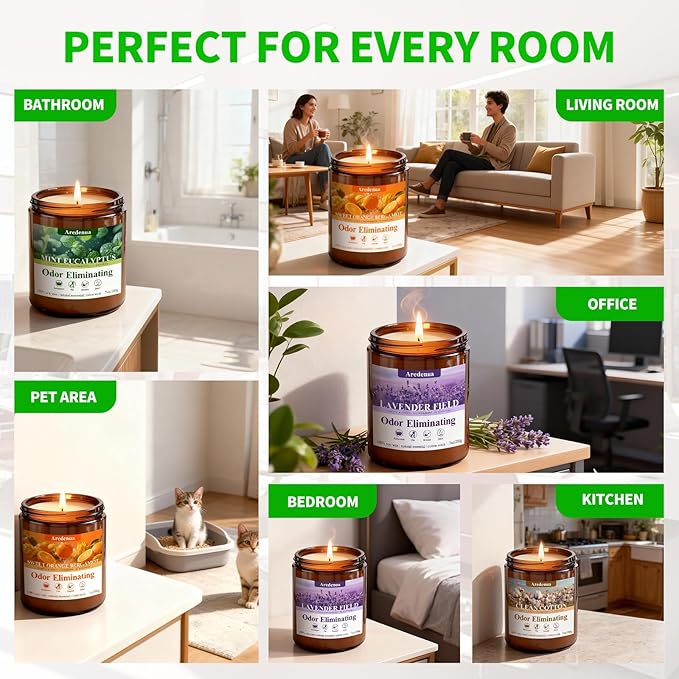 4 Pack Odor Eliminating Candles Set - Eliminates 95% of Pet, Smoke, Food & Other Smells - Hand Poured Non-Toxic Soy Candle, Air Freshing Scent of Lavender/Orange/Mint/Cotton - Gifts Set for Women