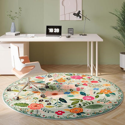 Rugcomf Round Rug 4ft Washable Circle Rug Non Slip Low Pile Boho Floral Small Circular Rug for Bedroom, Bathroom, Entryway, Kids Room, Office, College Dorm(Green)