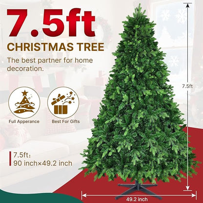 GGOYING 7.5FT Pre-Lit Flocked Christmas Tree with Rotating Stand & Remote, Green Dense Branches, Realistic Holiday Decorations, LED Lights (RGB + Warm White)