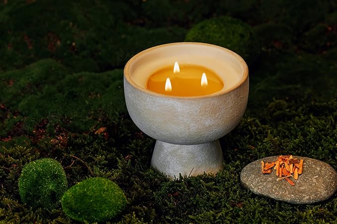 Blueme Romance Candle | Oakmoss & Sandalwood | 3 Wick - Refillable Wellness Candle with Essential Oils, Hand Finished & Poured Soy Wax Blend Ceramic Vessel, Natural Cotton Wicks | Medium 12 oz
