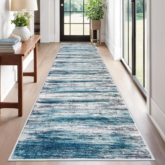 KOZYFLY Modern Abstract Hallway Runner Rug, 2.6x12 Washable Rug Runner Non-Slip Soft Striped Kitchen Runner Rugs, Print Blue Carpet Runner for Entryway Bathroom Laundry Room Foyer