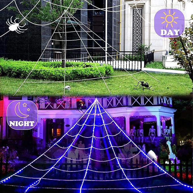 390 LED Halloween Spider Web Lights Decor, 5m Giant Net Lights with 26m Light Chain & Remote Control (8 Light Modes & Timer), Decoration for Garden Indoor Outdoor - Blue