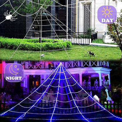 390 LED Halloween Spider Web Lights Decor, 5m Giant Net Lights with 26m Light Chain & Remote Control (8 Light Modes & Timer), Decoration for Garden Indoor Outdoor - Blue
