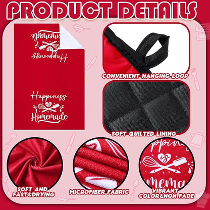 Sratte 6 Pcs Kitchen Decor Accessories Set Farmhouse Towels Pot Holders Oven Mitts Set 2 Dish Towels 2 Potholders 2 Cooking Mittens Oven Glove for Christmas Baking Cooking Supply(Red,Kitchen)