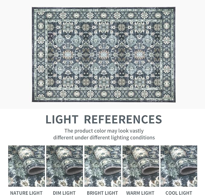 Washable 6×9 Area Rug for Living Room, Vintage Floral Rug Soft Non Slip Stain Resistant Boho Carpet for Indoor Bedroom Dinning Room Home Office Blue/Navy