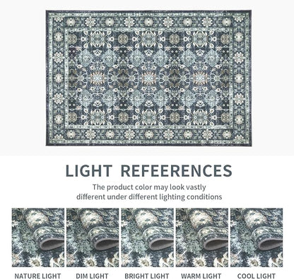 Washable 5×7 Area Rug for Living Room, Vintage Floral Rug Soft Non Slip Stain Resistant Boho Carpet for Indoor Bedroom Dinning Room Home Office Blue/Navy