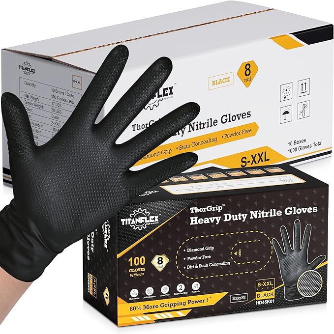 TitanFlex Heavy Duty Black Nitrile Gloves, Raised Diamond Texture, Latex Free, Powder Free Disposable Gloves (8Mil/6Mil)