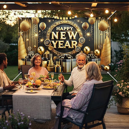Happy New Year Backdrop 71x43 Inch Black Gold Party Banner Luxury Fireworks Celebration Background Elegant Holiday Wall Decor for New Year Eve Party Photo Booth Home Event