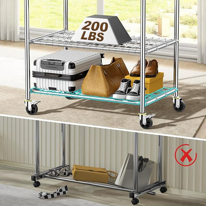 Heavy Duty Clothes Rack, 100% Stainless Steel Rolling Clothing Rack with 2 Tier Shelves, Double Rod Garment Racks for Hanging Clothing, Extendable Rolling Clothes Rack with Wheels (960LB)