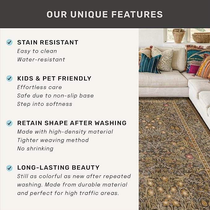 Vintage Floral Living Room Rug 8x10, Gold Brown Washable Area Rugs for Bedroom, Dining Room Under Kitchen Table, Oriental Low Pile Non-Slip Large Indoor Carpet with Taupe Yellow Earthy Tones