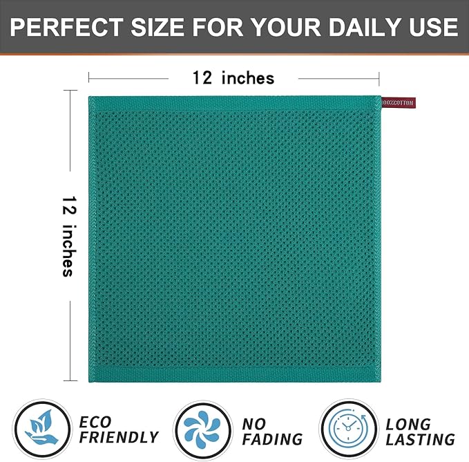 Kitinjoy 100% Cotton Kitchen Dish Cloths, 12 Pack Waffle Weave Ultra Soft Absorbent Dish Towels for Drying Dishes Quick Drying Kitchen Towels Dish Rags, 12 X 12 Inches, Teal