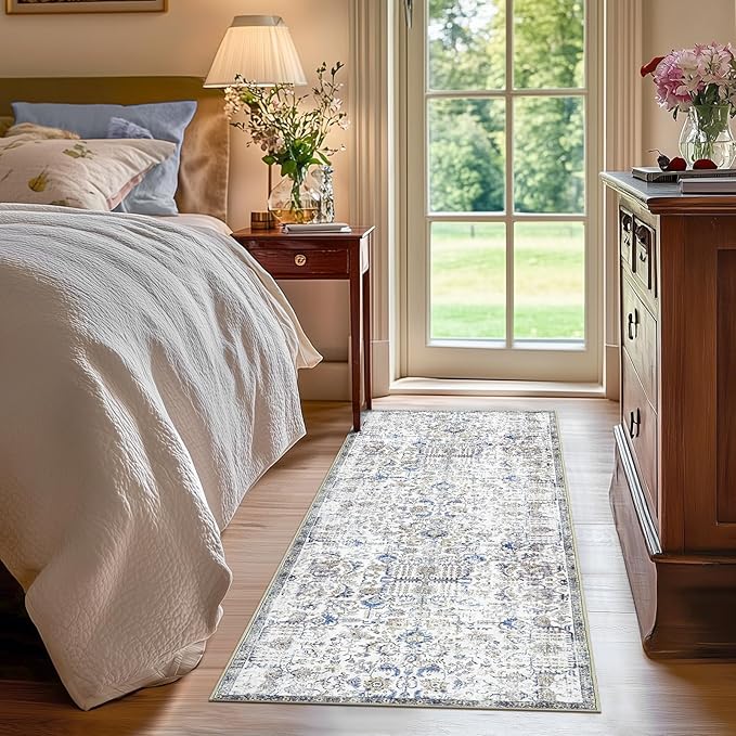 jinchan Runner Rug 2x5 Washable Hallway Rug Vintage Indoor Thin Retro Floor Cover Distressed Floral Country Lightweight Non Slip Carpet for Entryway Bathroom Kitchen Bedroom Living Room Blue