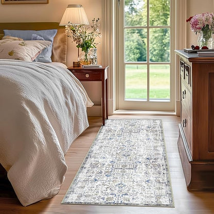 jinchan Runner Rug 2x5 Washable Hallway Rug Vintage Indoor Thin Retro Floor Cover Distressed Floral Country Lightweight Non Slip Carpet for Entryway Bathroom Kitchen Bedroom Living Room Blue