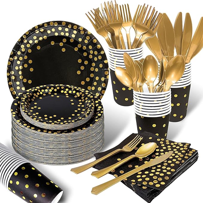 AIRE 350PCS Black and Gold Paper Plates Party Supplies for 50 Guests Party Decorations Disposable Dinnerware Golden Dot Paper Plates Napkins Cups Gold Plastic Forks Knives Spoons for Birthday Wedding