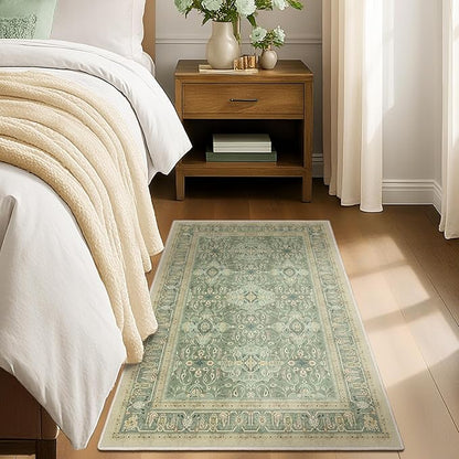 Sage Green 3x5 Entryway Rug Indoor, Boho Floral Moroccan Pattern Printed Throw Rugs for Nursery Bedroom Bedside, Low Pile Thin Non Slip Washable Area Rug for Kitchen Foyer Mudroom Dorm