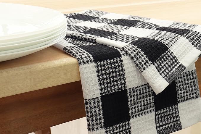 PurpleEssences 100% Cotton Waffle Weave Check Plaid Kitchen Towels, Super Soft and Absorbent Dish Towels for Drying Dishes 15 x 25-4 Pack - Christmas Holiday Winter - Black and White