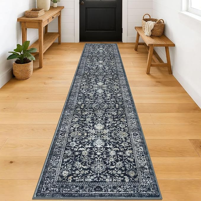 KILOCOCO Hallway Runner 2x12 Rug Runner Printed Vintage Floral Washable Non-Slip Rubber Backed Runners for Hallways Kitchen Laundry Room Entryway Bedroom, Charcoal