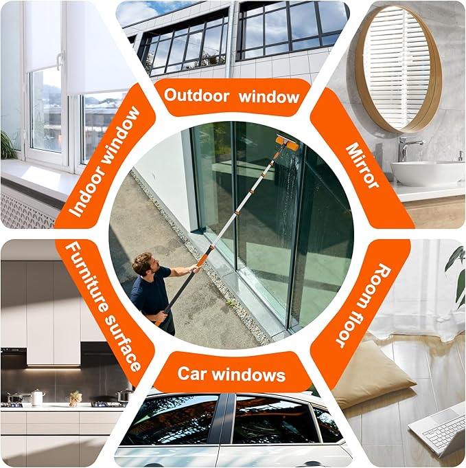 30FT Reach Window Squeegee with Extension Pole, 2-in-1 Professional Window Washing Kit for Home, Indoor Outdoor Squeegee with Rotatable Head for High Windows