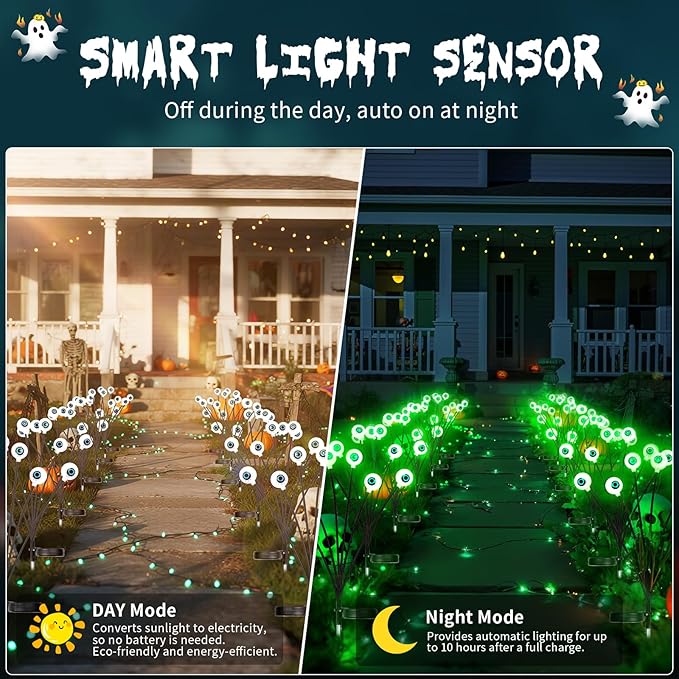 Halloween Outdoor Decorations, Solar Scary Eyeball Lights, 4PACKS 24LED Solar Eyeball Pathway Lights, Steady On & Flash Outdoor Halloween, IP65 Waterproof decorations for Yard/Lawn/Decor(Green)