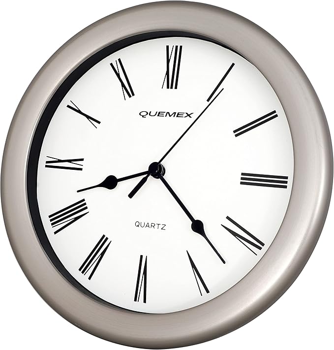 JUSTIME 8.5 inch Brushed Metal Water Resistant Wall Clock, Special for Small Space, Office, Boats, RV (WM86-BN-R Brushed Nickel)