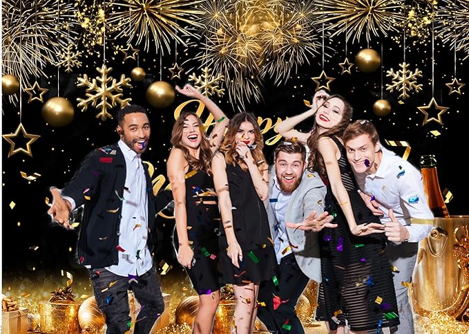 CHAIYA 7X5ft 2026 Happy New Year Party Backdrop Fabric Sign Poster Banner with Pattern Firework for New Year Party Decoration Photo Props Background Supplies