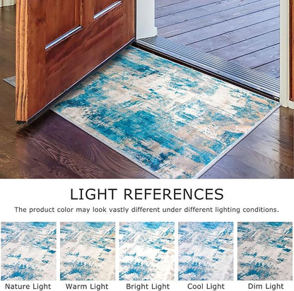 KOZYFLY Modern Abstract Runner Rug 2x6 Turquoise/Beige/Grey/Yellow Runners for Hallways Kitchen Rug Non Slip Washable Carpet Rug Runner Laundry Mat with Soft Low Pile for Entryway Bathroom Bedroom