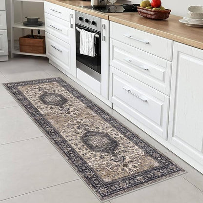 KUTA Runners for Hallways 2x6 Ivory Grey-Black, Vintage Floral Kitchen Rugs Non-Slip Washable Runner Ultra Soft Printed Retro Flower Carpet Entryway Rug for Bedroom Laundry Nursery
