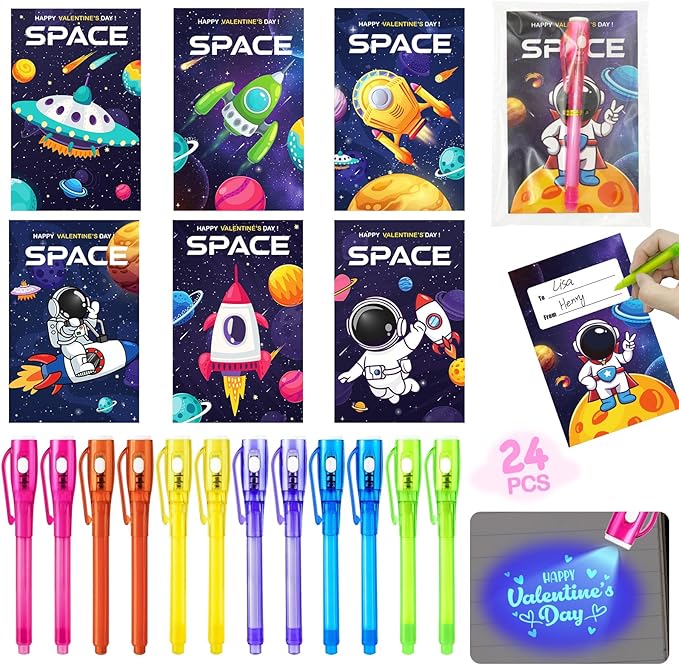 24 Pcs SInvisible Ink Pens with UV Light, Astronaut themed gift card & Goodie Bags,Valentine's Day Gifts, Detective Party Favors, Classroom Prizes, Escape Room Activities.