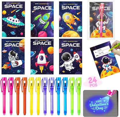 24 Pcs SInvisible Ink Pens with UV Light, Astronaut themed gift card & Goodie Bags,Valentine's Day Gifts, Detective Party Favors, Classroom Prizes, Escape Room Activities.