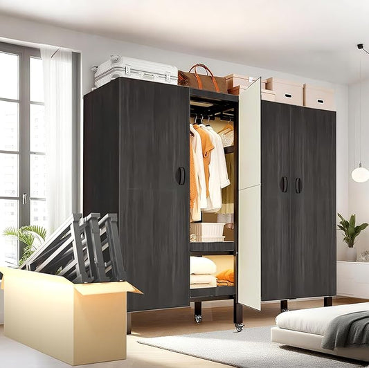 Heavy Duty Clothes Rack with Magnetic Door, Metal Foldable Covered Clothes Rack, Portable Wardrobe Closet System for Hanging Clothes, Rolling Garment Racks for Bedroom (Agarwood Doors, 49.2in)