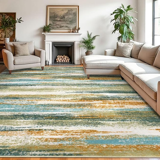Modern Abstract 9x12 Large Machine Washable Living Room Rug Non-Slip Soft Bedroom Area Rug Green Mustard Multi Ultra Thin Print Faux Wool Carpet Throw Rugs for Playroom Dining Room Indoor